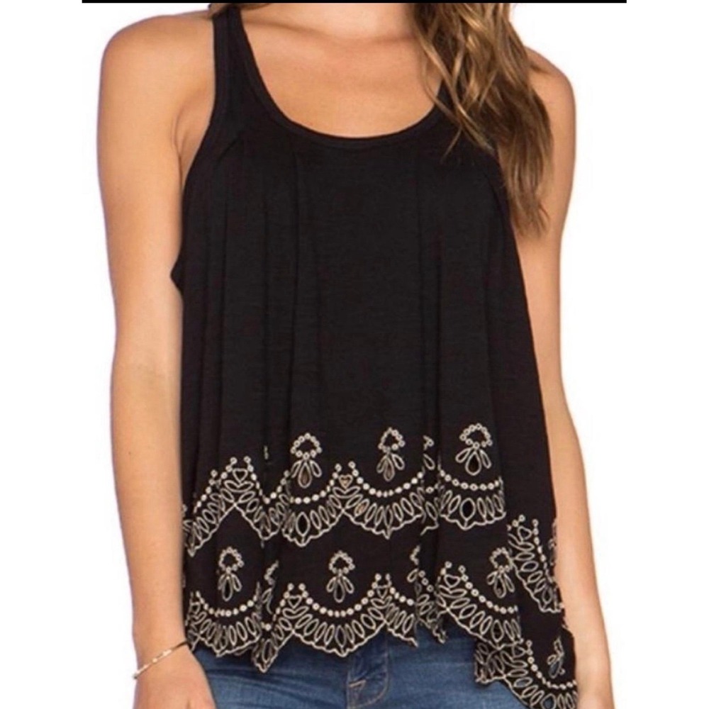 Free People embroidered flared tank in black size S.